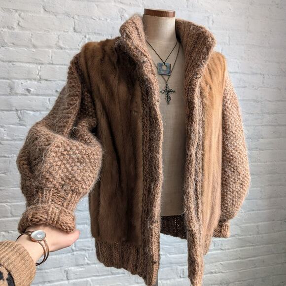 Vintage Chunky Knit Mink Fur Coat Mohair Sweater Vest Minimalist Boho Jacket - Picture 1 of 14
